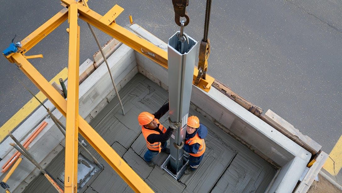 Инженерный процесс установки стальной опоры освещения в подготовленный котлован.