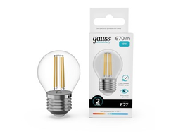 Лампа светодиодная Gauss Elementary Filament Шар Е27 10W(670lm) 4100К 76х45  прозр, стекло, нитевид 52220