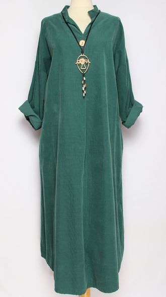 Платье Бохо вельветовое "СТОЙКА ЗАЩИП ПУГОВКИ" малахит, бежевое  до р.52