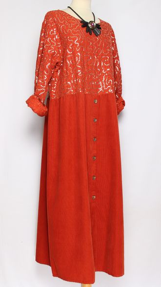 Платье Бохо вельветовое "Кружево пайетки" терракотовое до р.54