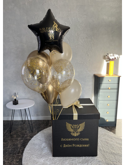 Коробка-сюрприз чёрная с 6 шарами и звездой внутри