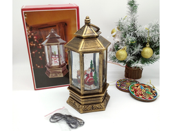 Музыкальный шестигранный фонарь со снегом и USB кабелем "Дед Мороз в санях с подарками", 30х14х14см