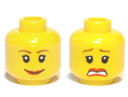 Minifigure, Head Dual Sided Female Brown Eyebrows, Scared / Smile Pattern - Blocked Open Stud, Yellow (3626bpb0271 / 4506830)