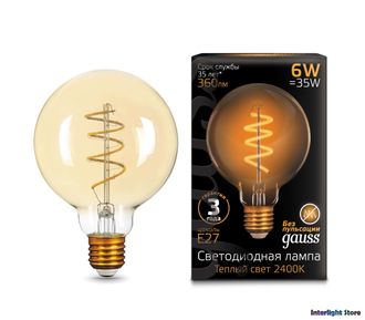 Gauss LED Filament Flexible Golden G95 6w 824 E27