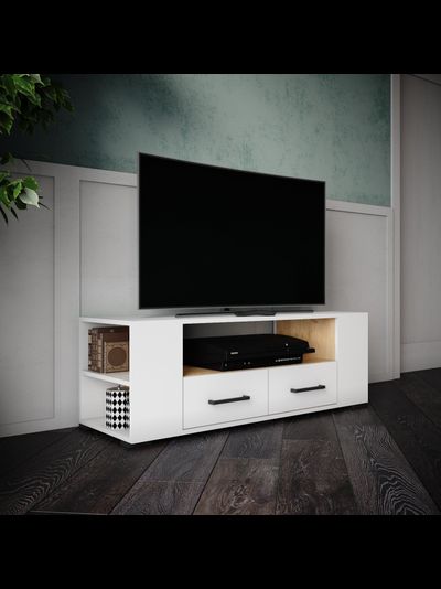 ТВМ-1 Тумба под ТВ Белый с тиснением/Дуб крафт золотой