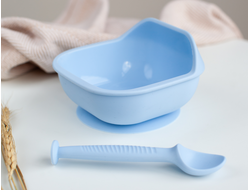 Набор силиконовая тарелочка на присоске с ложечкой Голубая