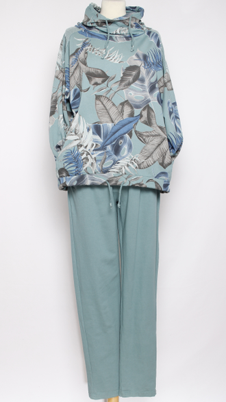 КОСТЮМ ХУДИ И БРЮКИ "Пайетки цветы" бирюзовый до 52р.