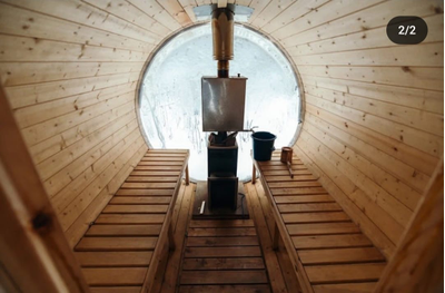 Круглая баня бочка с панорамным сферическим окном