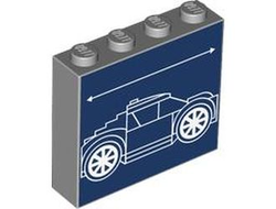 Brick 1 x 4 x 3 with White Lines Schematic of Car Stepped Back Window and Arrow on Dark Blue Background Pattern, Light Bluish Gray (49311pb028 / 6419142)