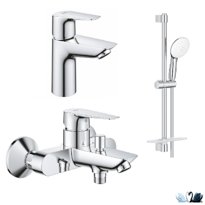 Набор смесителей Grohe BauEdge (для ванной 23604001, для раковины 23330001, душевой гарнитур 27926003 с лейкой, штангой и полочкой)