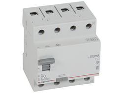 Legrand 402066 RX3, Выключатель дифференциального тока (УЗО), 4Р, 25А, ток утечки 100mА, тип AC