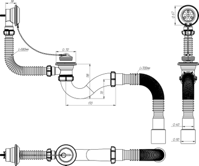 Сифон для ванны с выпуском и переливом, гибкая труба 40х40/50, V155-14-MR [56851]