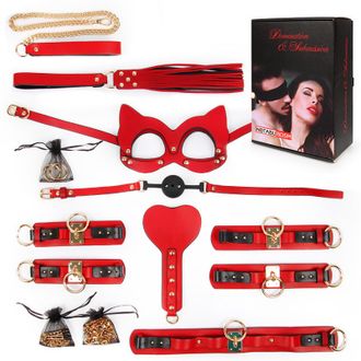 80654 НАБОР (наручники, оковы, маска, ошейник, плеть, поводок, кляп, шлёпалка, зажимы) цвет красный