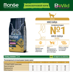 Monge BWild Cat Hare (Монж) корм низкозерновой для взрослых кошек, с зайцем 1,5 кг