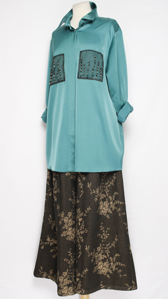 РУБАШКА БОХО "ШЁЛК  КАРМАНЫ " малахит р.50,52,54,56,58