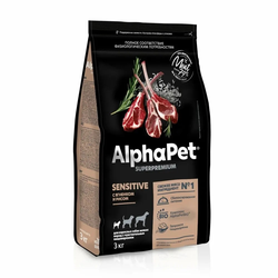 AlphaPet (АльфаПет) Superpremium сухой корм для взрослых собак мелких пород с чувствительным пищеварением с ягненком и рисом, 3 кг
