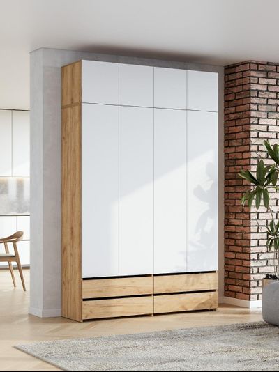 Абрау Шкаф четырехстворчатый с ящиками и антресолью Дуб золотой/Белый