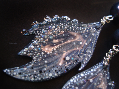 Длинные серьги-крылышки "Фея Исчезающих Сумерек" с чёрным жемчугом