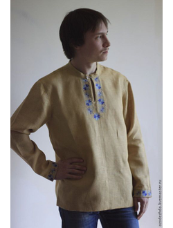 Русская льняная рубаха "Звёзды Рода (сине-голубые)", 44-60