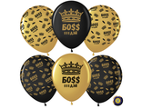 Воздушный шар (12&#039;&#039;/30 см) Босс $$$ Дэй (корона), Золото (818)/Черный (299), металлик, 5 ст, 50 шт.