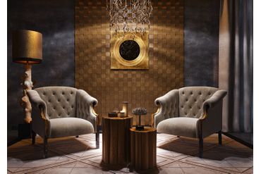 Стеновая панель из массива дуба "Квадратики с тиснением Бронза" (артикул 1010-ST) в интерьере гостиной