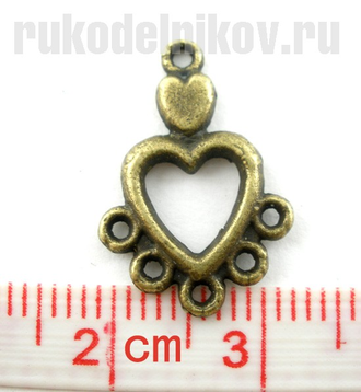 коннектор для бижутерии "Сердце малое", цвет-античная бронза, 5 шт/уп