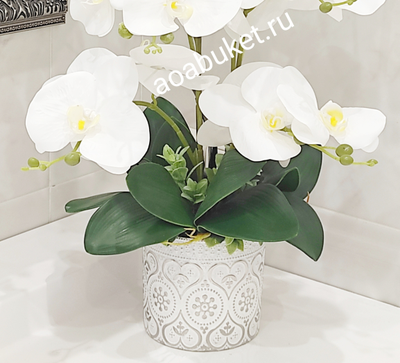 Композиция из искусственных цветов Орхидея белая ваза узор серебро малая № ОРO32