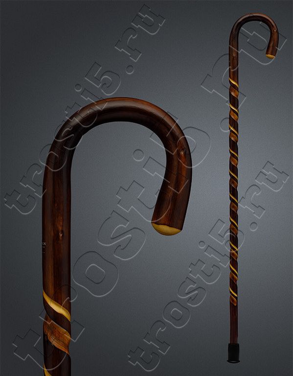 Опорная трость с крюкообразной ручкой и резьбой по шафту коричневого цвета