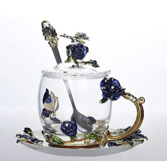 Стеклянная чашка Синяя роза набор