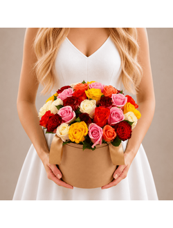 Композиция из разноцветных роз Кения в бежевой коробке