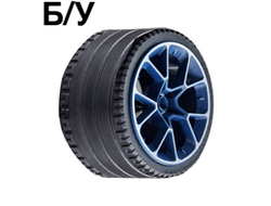 ! Б/У - Wheel 62.3mm D. x 42mm Technic Racing Large with Silver Outline Pattern with Black Tire 81.6 x 44 ZR Technic Straight Tread 35187pb01 / 23799, Dark Blue (35187pb01c01) - Б/У