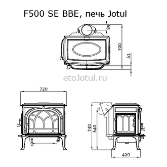 Схема печи Jotul F500 SE BBE, высота, ширина, глубина