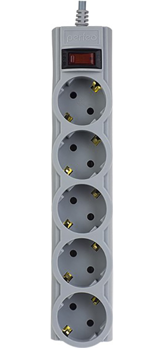 Сетевой фильтр с заземлением и кнопкой Perfeo POWERX, 1,8 м, 5 розеток (серый)