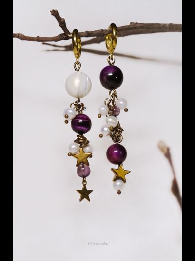 &quot;Звёздные маячки&quot;, асимметричные серьги с жемчугом, тигровым глазом и флюоритом