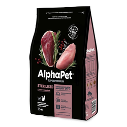 AlphaPet (АльфаПет) Superpremium сухой корм для взрослых стерилизованных кошек с уткой и индейкой, 1,5 кг