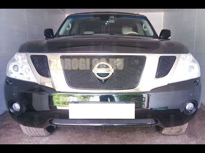 Защита радиатора Nissan Patrol 2010-2013 (3 части) black верх PREMIUM