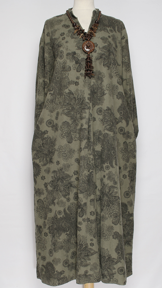 Платье Бохо вельветовое "СТОЙКА ЗАЩИП ЦВЕТЫ" хаки до р.52