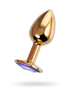 690121 Анальная втулка , металл, золотая, с фиолетовым кристаллом, 7 см, Ø 2,8 см, 50 г