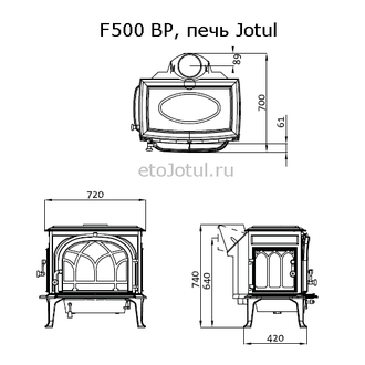 Схема печи Jotul F500 BP, высота, ширина, глубина