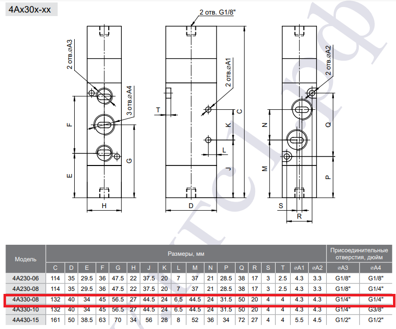 Габаритные и присоединительные размеры 5/3 пневмораспределителя 4A330-08