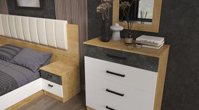 Спальня АДЕЛЬ Дуб Вотан/Белый гладкий/Цемент темный