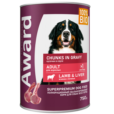 AWARD (Эворд) влажный корм (консерва) для собак, кусочки Ягненок, Печень 750 г