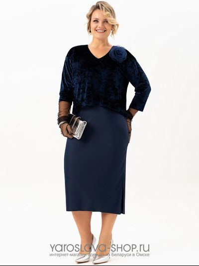 Модель :4120.Эффектное бархатное платье-имитация костюма в синем цвете