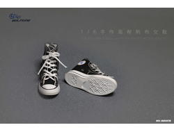 Женские кеды (черные) 1/6 hand-made high-top canvas women's shoes (WK-88007B) - WOLFKING