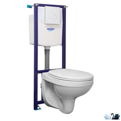 Комплект ПЭК Santeri Альфа 1.3815.9.S00.00B.2. Инсталляция с кнопкой (белая, глянец) и подвесной унитаз с сиденьем без микролифта