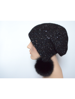 Черная женская шапка ушанка с помпонами и пайетками Vizio 6926