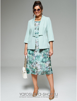 Модель: 6271.Нарядный женский комплект в бирюзовом цвете, состоящий из жакета и платья