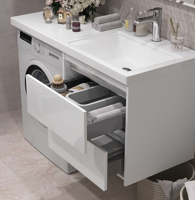 Мебель для ванной Opadiris Фреш 120 белый для стиральный машины (фасады стекло, раковина справа)