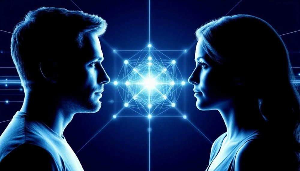 Схематичное изображение двух людей, соединенных через цифровой узел связи