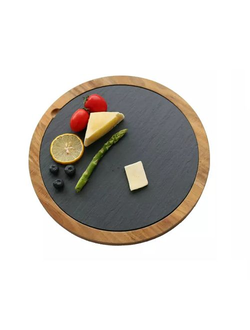 Блюдо для подачи круг. d=30 см. сланец, на деревянной подставке MGprof /1/
